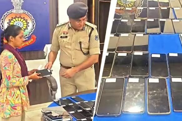 Chhattisgarh Police officer returning a recovered mobile phone to its owner, with rows of recovered phones